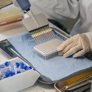 Scientist examining DNA samples in a forensic laboratory.
