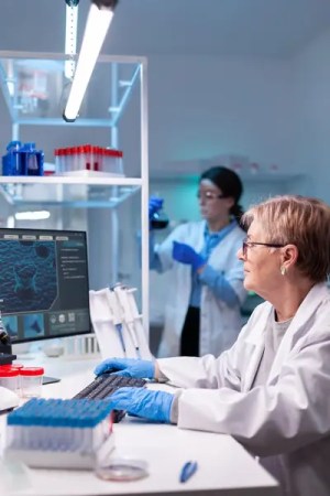medical researcher analyzing test results from a microorganism on a computer.