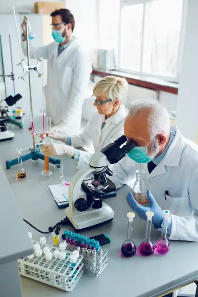 researchers in a laboratory analyzing test tubes.