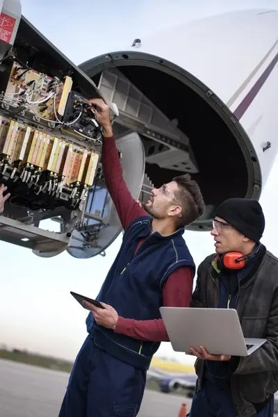 Engineers inspecting an international plane is safe for travel.
