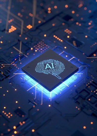Artificial intelligence rendering displayed with a circuit board.