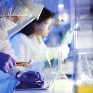 Scientists in a laboratory examining biotech samples for research.