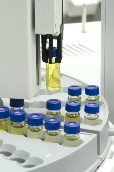 Gas chromatography of cannabis samples in a lab.