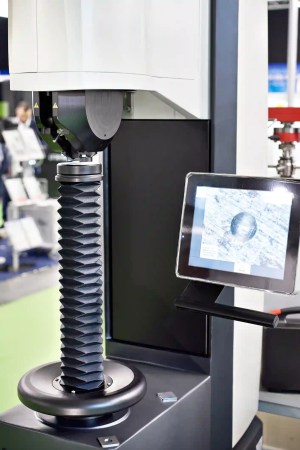 Steel calibration weight placec on the analytical balance. Concept of quality control in a laboratory.